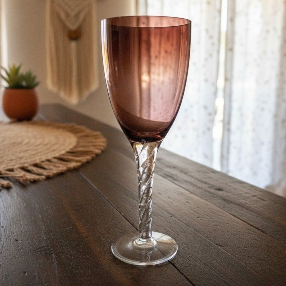 Pier 1 Imports Amethyst Purple Wine Glass, Vintage Twisted Stem Crystal Stemware